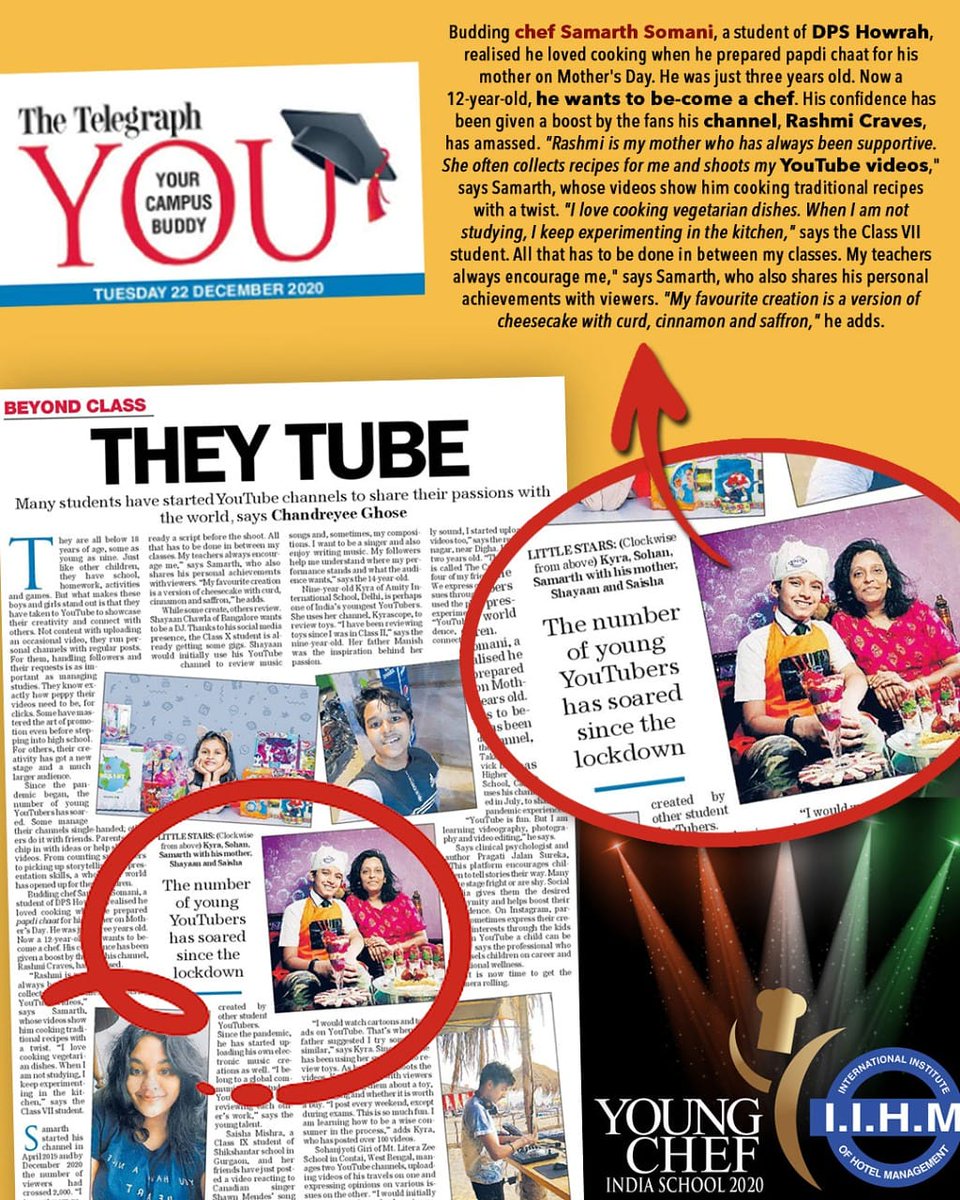ria_work's tweet photo. #RT @IIHMHOTELSCHOOL: Samarth Somani, Dps Howrah, #YCIJ2020 participant, recognised amongst the young #YouTubers who have soared since lockdown by @ttindia

His love for cooking has given him a boost in his confidence through his YouTube Channel, Rashmi … https://t.co/ixCYBMHM7J
