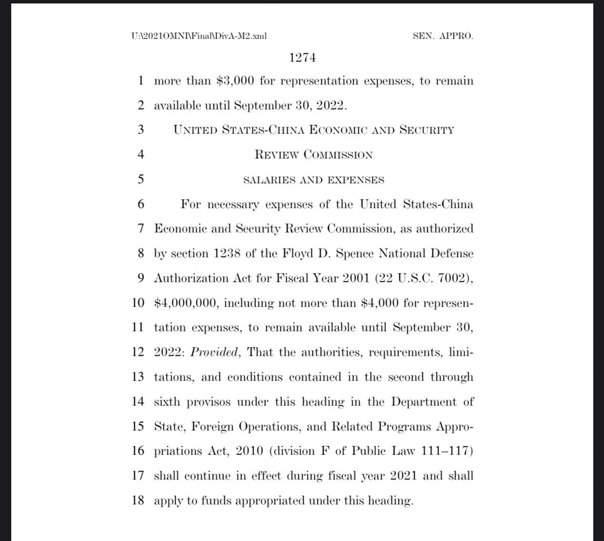 Lines 18-24 (photo 1) and lines 1-2 (photo 2) mention the use of funds directed to “US China relations” at a cost of 3,250,000$ and 3,000$ per representative until September 30th 2022... Plus another 4 million +4k for the “US-China Economic Security Review Commission”