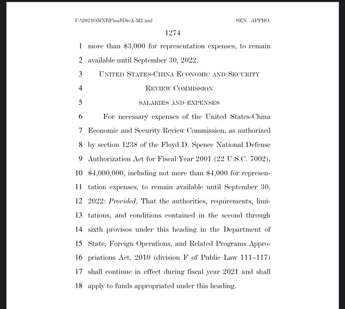 Lines 18-24 (photo 1) and lines 1-2 (photo 2) mention the use of funds directed to “US China relations” at a cost of 3,250,000$ and 3,000$ per representative until September 30th 2022... Plus another 4 million +4k for the “US-China Economic Security Review Commission”
