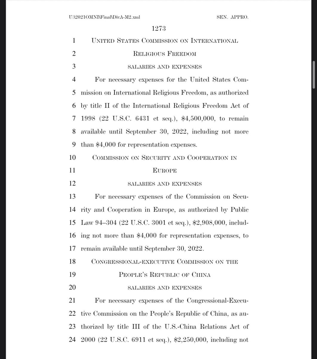 Lines 18-24 (photo 1) and lines 1-2 (photo 2) mention the use of funds directed to “US China relations” at a cost of 3,250,000$ and 3,000$ per representative until September 30th 2022... Plus another 4 million +4k for the “US-China Economic Security Review Commission”
