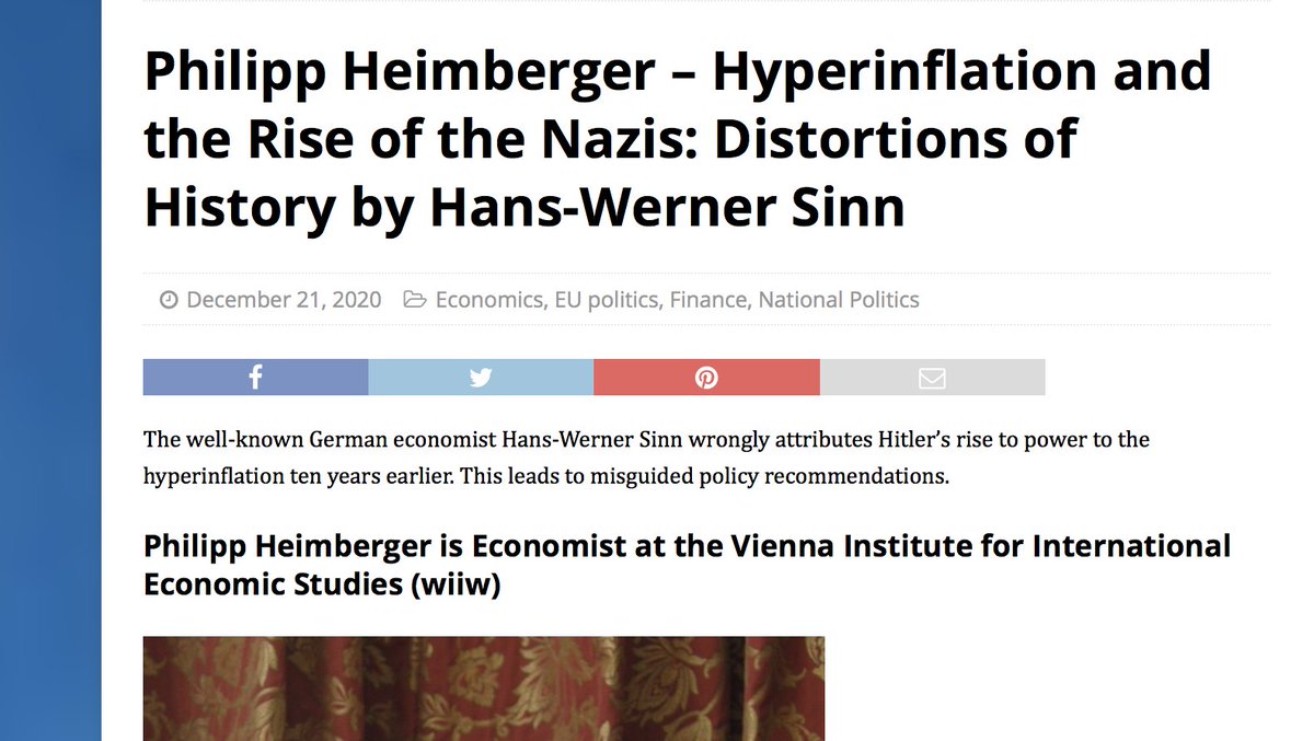 One of Germany’s most prominent economists, Hans-Werner Sinn, warns of hyperinflation; he links it directly to Hitler's rise to power. A distortion of history: the rise of the Nazis was preceded by deflation, exacerbated by fiscal austerity. Thread /1 https://braveneweurope.com/philipp-heimberger-hyperinflation-and-the-rise-of-the-nazis-distortions-of-history-by-hans-werner-sinn