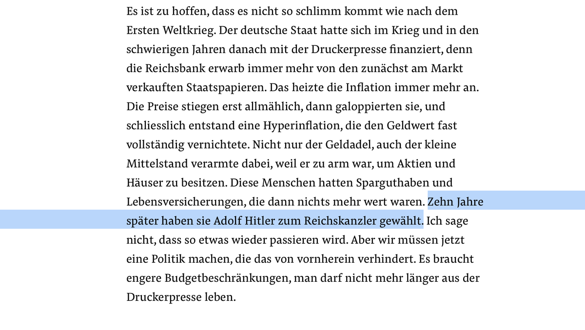 Sinn says hyperinflation after WW1 impoverished the German middle class in the Weimar Republic: "Ten years later they elected Adolf Hitler as Reich Chancellor." Policy recommendation today against hyperinflation: "tighter budget constraints" /2 https://www.nzz.ch/finanzen/hans-werner-sinn-im-interview-ueber-corona-inflation-und-den-euro-ld.1589720