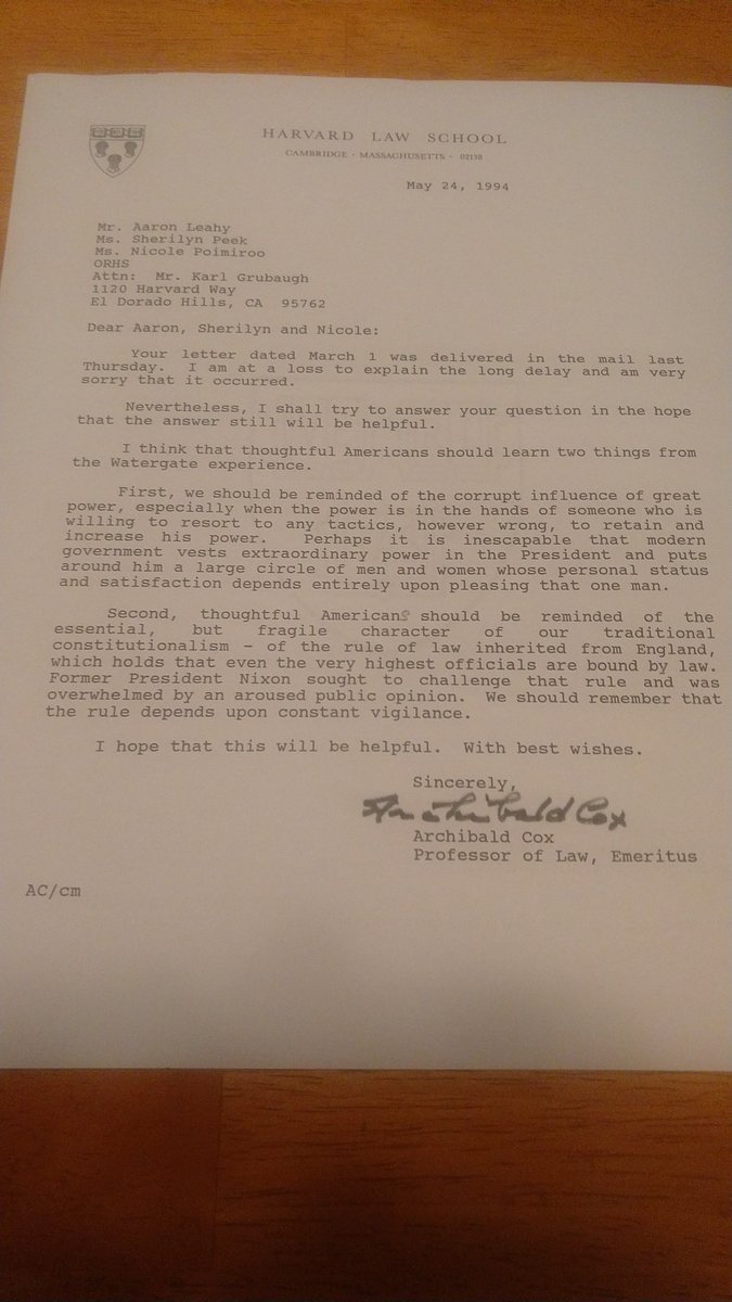 Archibald Cox replied, and I'm especially struck by this sentence: "...we should be reminded of the corrupt influence of great power, especially when the power is in the hands of someone who is willing to resort to any tactics, however wrong, to retain and increase his power."4/