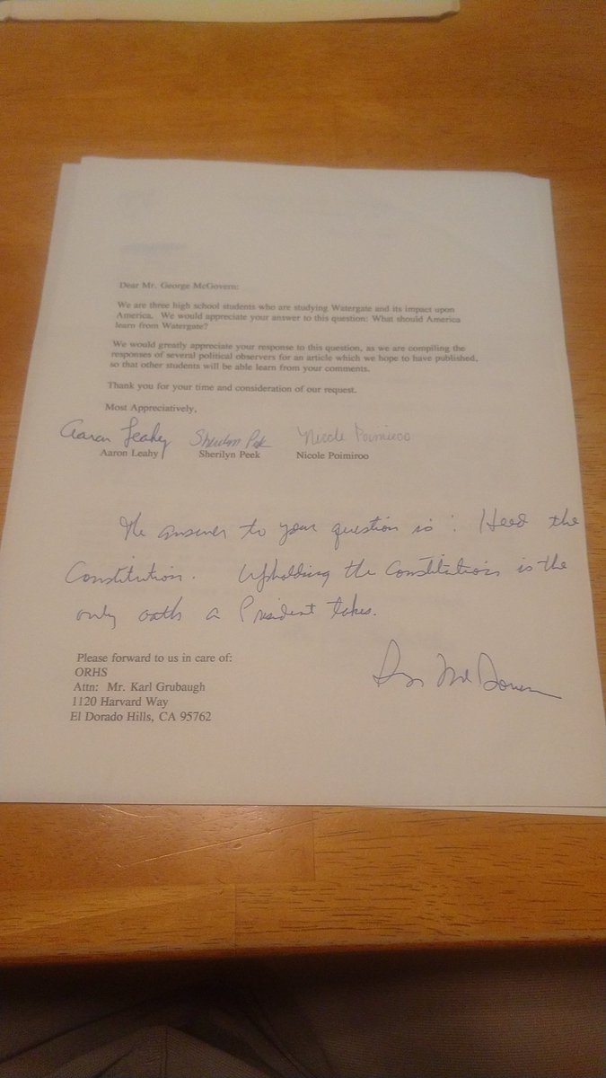 Sen. George McGovern, the former Democratic presidential candidate who ran against Nixon in 1972, also wrote his short response by hand: "Heed the Constitution. Upholding the Constitution is the only oath a President takes." 6/