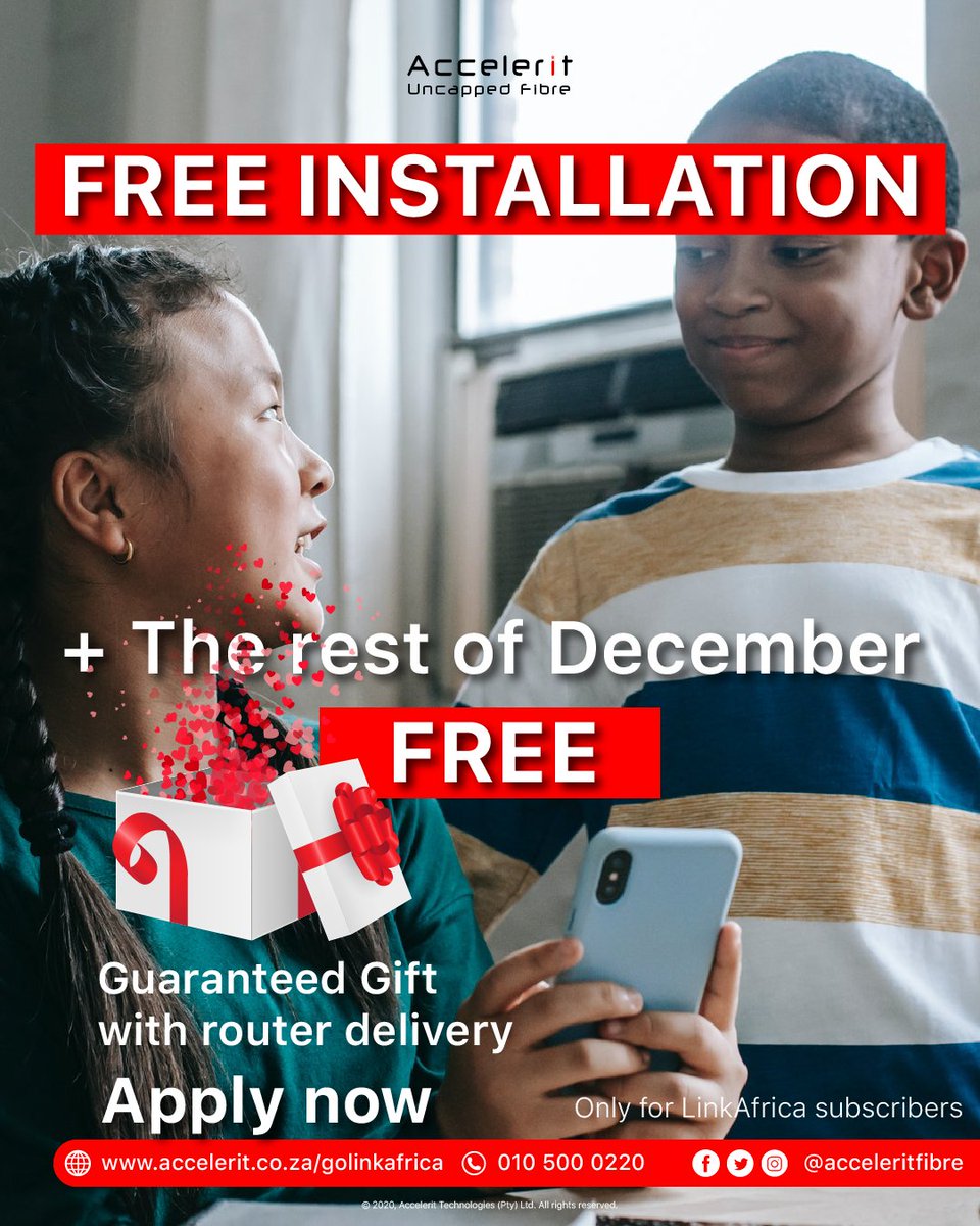 Get yourself a  GUARANTEED gift only at Link Africa Fibre . Apply today to secure your free installation and mystery gift at accelerit.co.za/golinkafrica or call 010 500 0220. 

#accelerituncapped