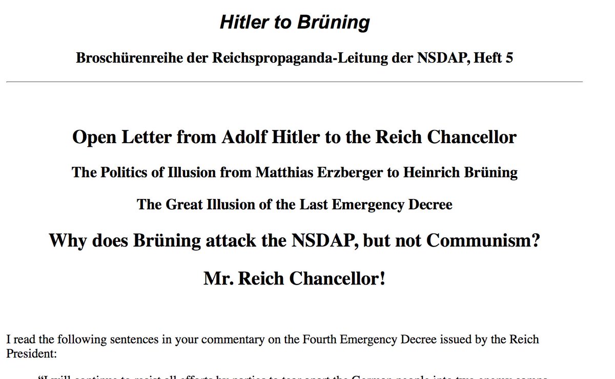 Austerity policies increased unemployment, led to social suffering and unrest. Hitler realised by the end of 1931 at the latest that Brüning's austerity policy would "help his party to victory and thus end the illusions of the present system." /5 https://research.calvin.edu/german-propaganda-archive/hitleranbruening.htm