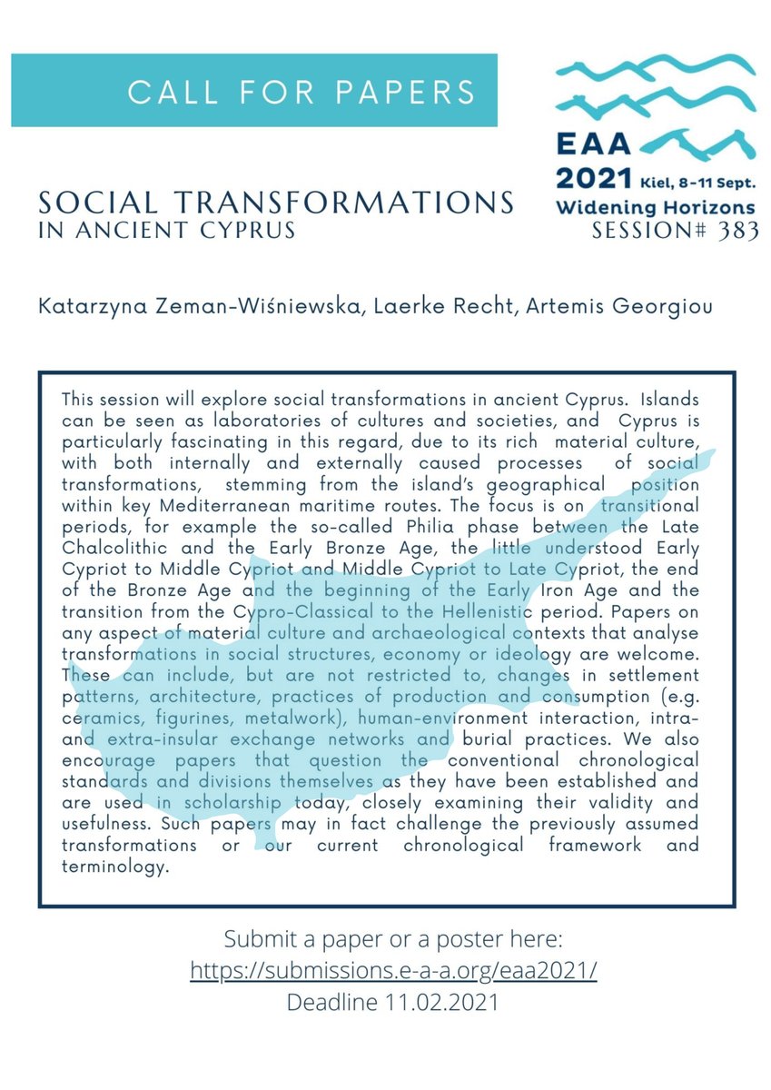 It's another magnificent #EAA2021 CfP - this time on #AncientCyprus - join <a href="/katarzynazw/">Dr Katarzyna Zeman-Wiśniewska</a> <a href="/GeorgiouArtemis/">Artemis Georgiou</a> and me in #Kiel! #Cyprus #EAA2021s383