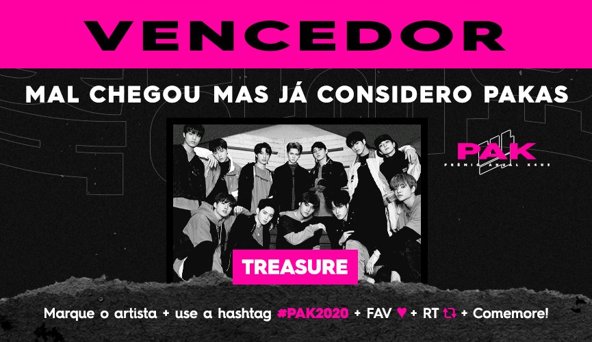TMakerTeam's tweet photo. [🏆] Prêmio #PAK2020 

Categoria: Debut do Ano
Vencedor: #TREASURE 🏆

Parabéns @treasuremembers e a todos os Teumes que votaram. Seja a conquista pequena ou grande, vamos comemorar! Obrigada pelo seu trabalho duro! 🎉 https://t.co/hjjzM3AwsP