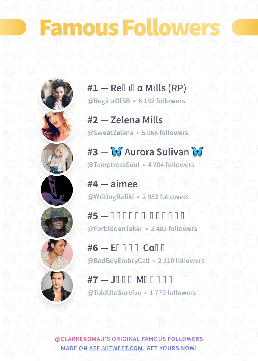 ✨ Famous Followers

🥇 <a href="/ReginaOfSB/">Reɢιɴα Mιllѕ (RP)</a>
🥈 <a href="/SweetZelena/">Zelena</a>
🥉 <a href="/TemptressSoul/">🦋 Skye Sulivan 🦋</a>
🏅 @WritingRafiki
🏅 <a href="/ForbiddenTaker/">𝔐𝔞𝔤𝔤𝔦𝔢 𝔊𝔯𝔢𝔢𝔫𝔢</a>
🏅 <a href="/BadBoyEmbryCall/">EɱႦɾყ Cαʅʅ</a>
🏅 <a href="/ToldUIdSurvive/">Jᴏʜɴ Mᴜʀᴘʜʏ</a>

➡️ affinitweet.com/famous-followe…