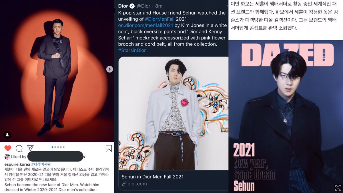 Sehun x <a href="/Dior/">Dior</a> in 2020

Apr: Dressed in Dior for L’OFFICIEL HOMMES S/S ‘20
June 30: One of the 1st (if not the 1st) to receive the Air Dior in Korea
Jul 13: Invited to Dior’s Summer ‘21 Men’s Collection
Oct 12: New Face of Dior Men
Dec 12: House Friend
Dec 22: #DiorAmbassadorSehun