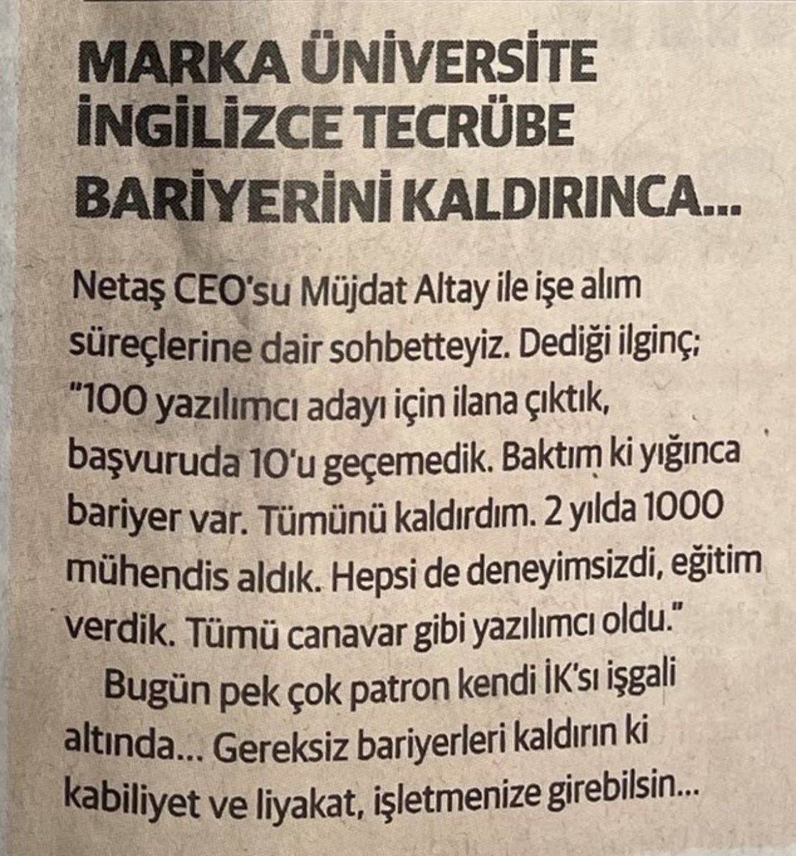ilk işvereni sen olmazsan o tecrübeyi nasıl edinecek? Yeni mezun işe giremez mi? Gereksiz barikatları kaldırın ki kabiliyet ve liyakat işletmenizden içeri girebilsin... <a href="/serefoguz/">Şeref Oğuz</a> #UfukAçmayaDevamEdiyor