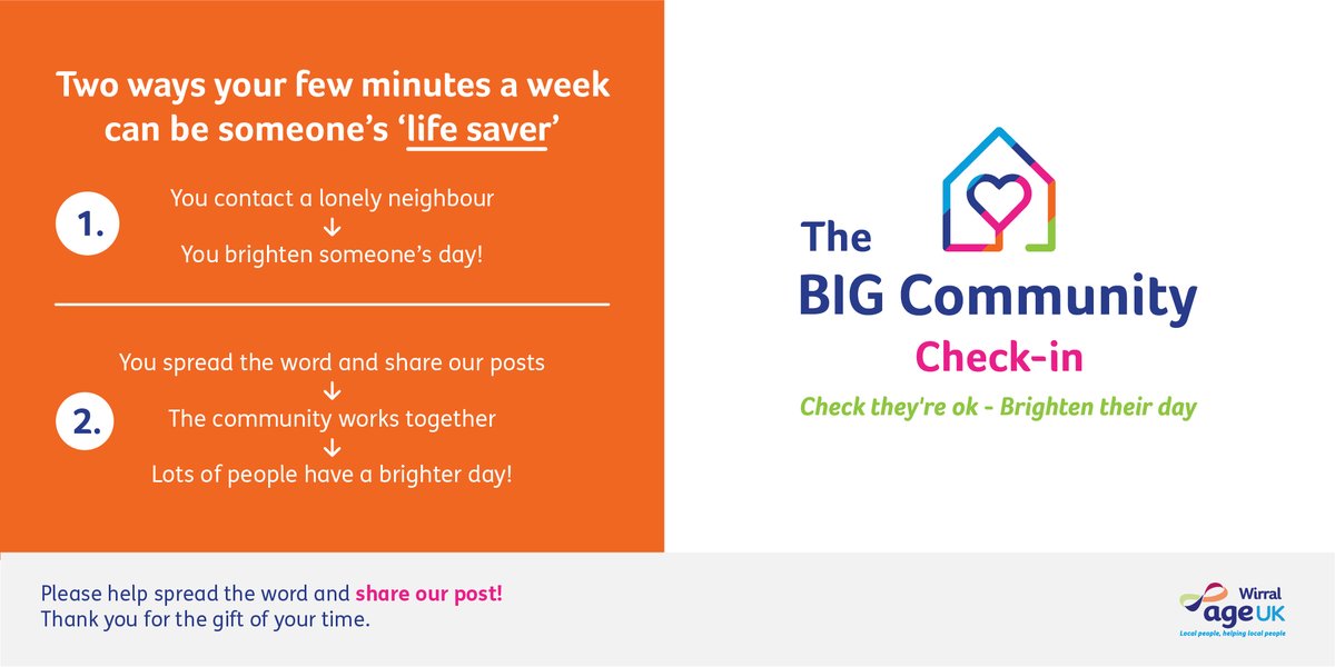 Covid-19 has been incredibly isolating for so many people. @AgeUKWirral's #BigCommunityCheckIn aims to encourage as many people as possible across Wirral to #SpareFive and check in with others to make sure they are okay!