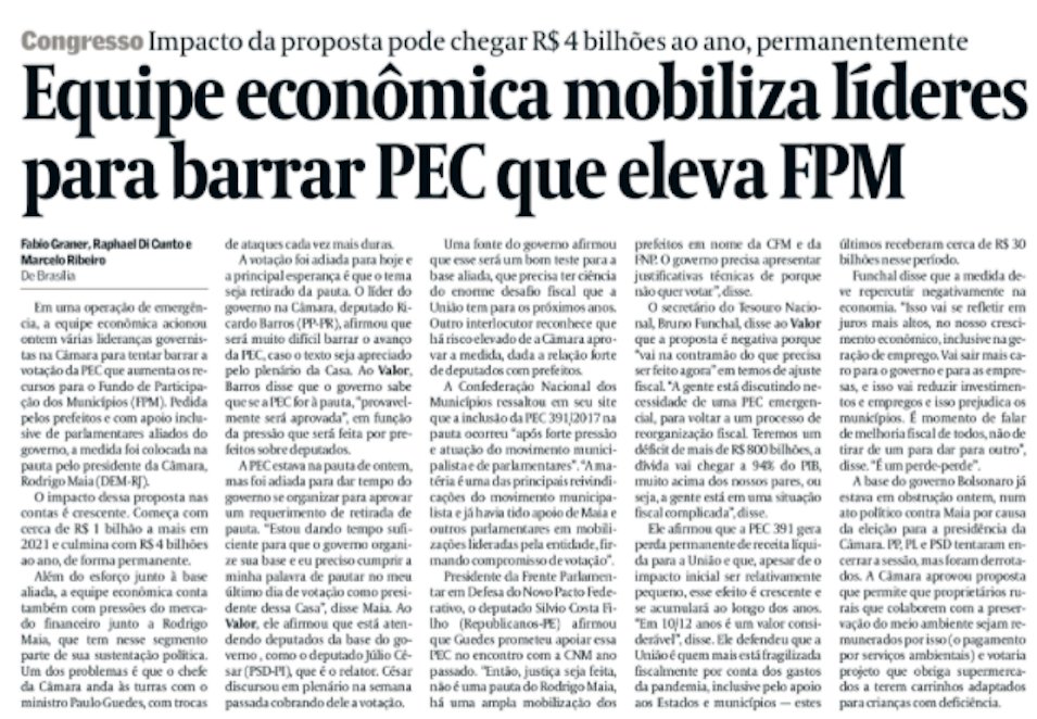 portalcnm's tweet photo. "A pressão dos prefeitos sobre os deputados será intensificada hoje", disse o presidente Aroldi. 💰 A afirmação sobre a #PEC391, que garante mais 1% de FPM, está nos jornais de hoje. Lembrando que "não está prevista nenhuma ajuda federal para as prefeituras em 2021". #Covid_19 https://t.co/C9hwjpxtu5