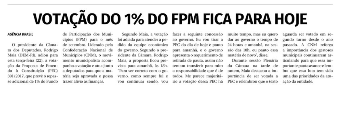 portalcnm's tweet photo. "A pressão dos prefeitos sobre os deputados será intensificada hoje", disse o presidente Aroldi. 💰 A afirmação sobre a #PEC391, que garante mais 1% de FPM, está nos jornais de hoje. Lembrando que "não está prevista nenhuma ajuda federal para as prefeituras em 2021". #Covid_19 https://t.co/C9hwjpxtu5