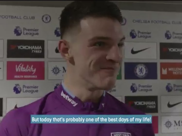 West Ham fans like to use this picture of Rice describing the win as the best day of his life to prove he wants to stay.However just look at his face, he’s clearly lying and definitely isn’t saying it because he just got revenge on the club that released him at 14.