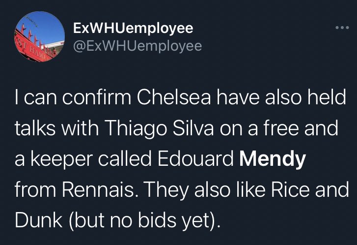 Twitter ITK  @ExWHUemployee has repeatedly said that Rice would never hand in a transfer request as he loves the club so much.However Chelsea fans know that he’s a fraud after he made up a story that Chelsea were interested in Edouard Mendy   #FAKENEWS