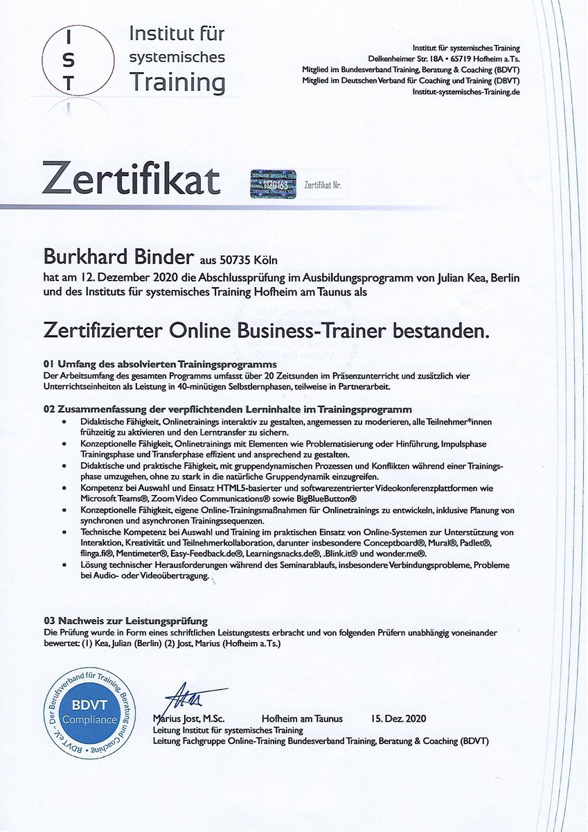 Es ist vollbracht. Vor ein paar Tagen habe ich die Prüfung zum "Zertifizierten Online Business-Trainer" bestanden. Danke an Marius Jost und die Gruppe. Ich habe einen Entwicklungssprung im Umgang mit Online-Medien für Coaches, Mediatoren und Berater gemacht.