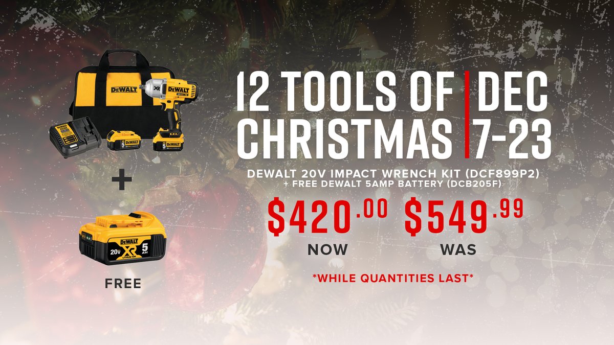 NLDistributors's tweet photo. On the 12th day of '12 Tools of Christmas' Santa gave to me...
 
DeWalt 20V Impact Wrench Kit (DCF899P2)
➕ Free DeWalt 5 AMP Battery (DCB205F)
🎁 Now $420.00 Was $549.99
 
Contact us for details!
https://t.co/UY7omHTLhY
 
#shoplocalNL https://t.co/QlhRTdLMKG