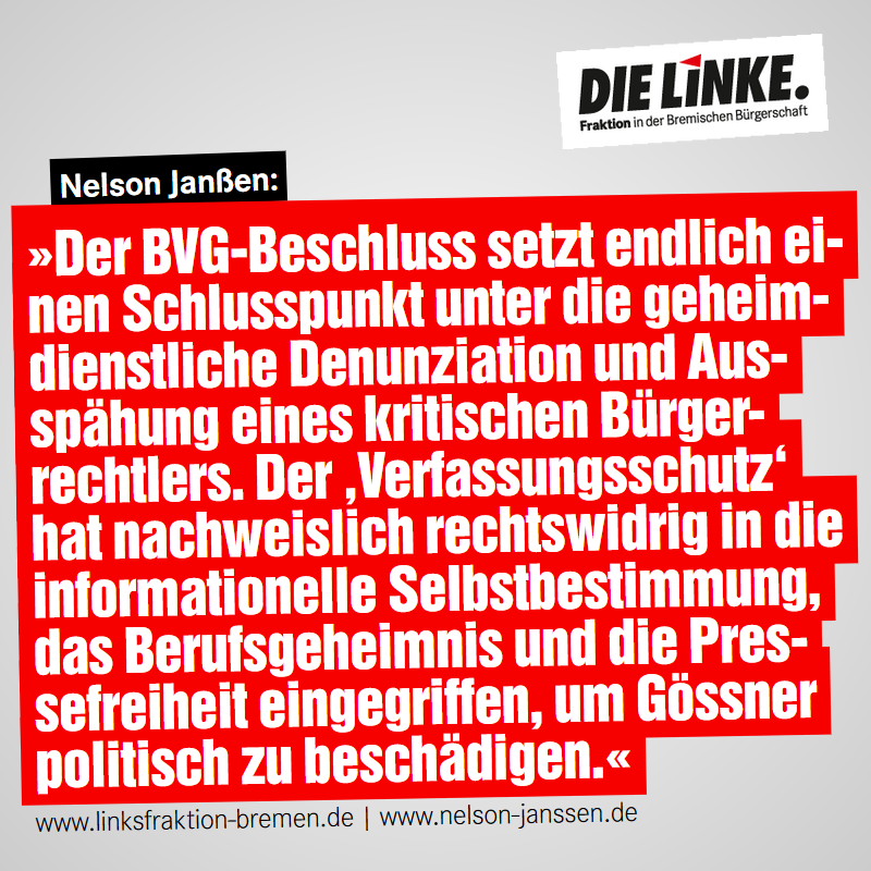 LinksfraktionHB's tweet photo. Die jahrzehntelange Überwachung Rolf Gössners durch den ‚#Verfassungsschutz‘ war rechtswidrig – @NelsonJanssen begrüßt Beschluss des #Bundesverwaltungsgericht|es: Jetzt müssen politische Konsequenzen gezogen werden!
➡️ https://t.co/OnwazE7pdE #Bremen #Goessner @BfV_Bund #Linke https://t.co/kBqLIHFe8k