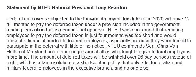 RockUnions's tweet photo. Federal employees will have 12 months to pay back deferred taxes under a provision included in legislation that is nearing final approval. Read NTEU National President Tony Reardon’s statement on this below. #WeAreUnited #UnionStrong #SupportFederalEmployees #UnionsForAll https://t.co/8Yn4KdcElm