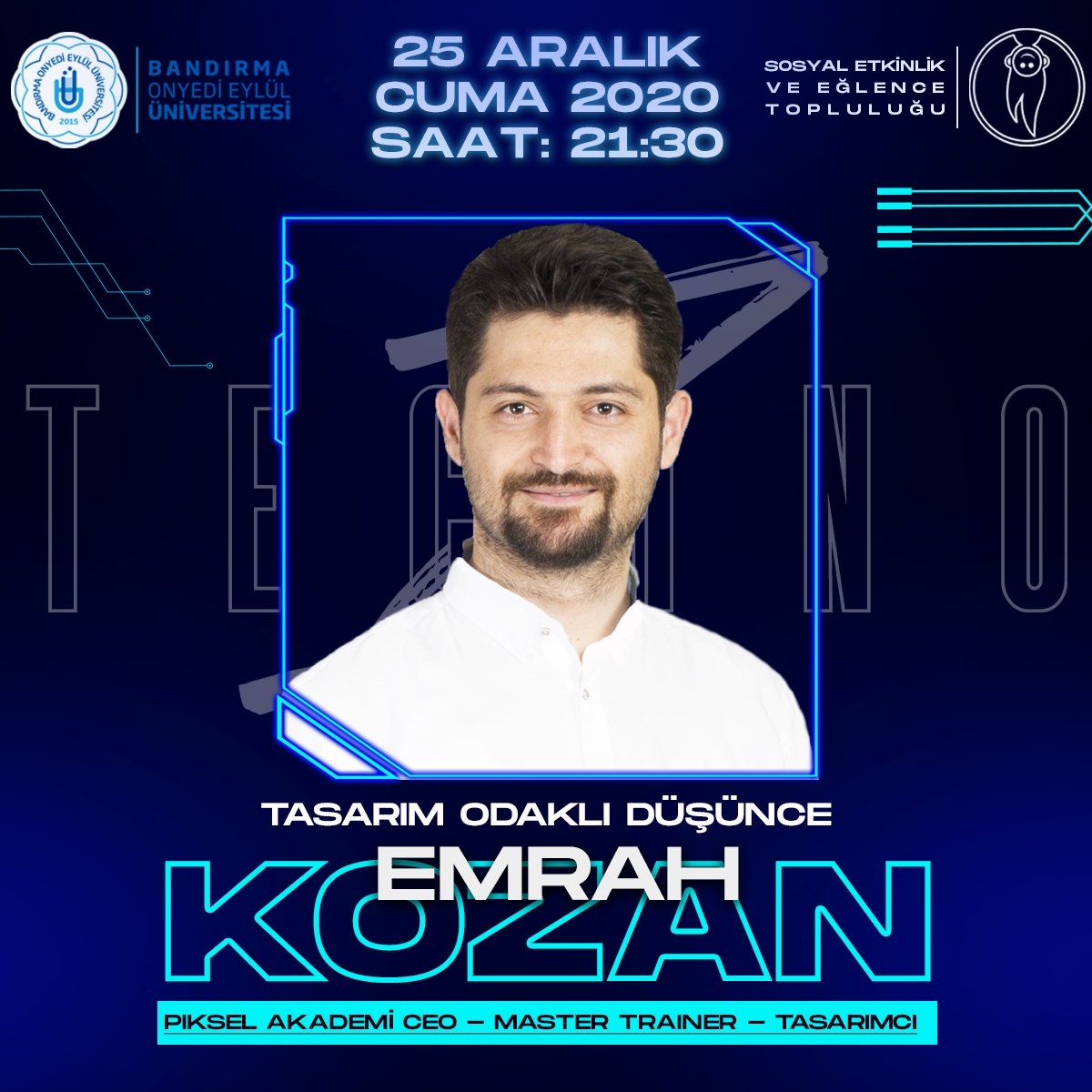 banuset's tweet photo. Emrah Kozan, Techno Z etkinliği kapsamında bizlerle 🤘
Tasarım Odaklı Düşünme, konu başlıklı sohbet havasında söyleyişimizi sakın kaçırma 🎉
@emrahkozan @bandirmauni #TechnoZ https://t.co/tYqOXEC9NS