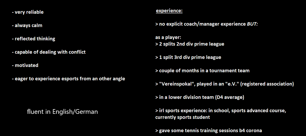 I am LFT as an (Assistant)COACH / (Assistant)MANAGER
for the upcoming split.

I am open to all offers, highly prefer German speaking Prime league teams tho.

Will give my best to be a good addition to your team.

RTs &amp; Likes highly appreciated