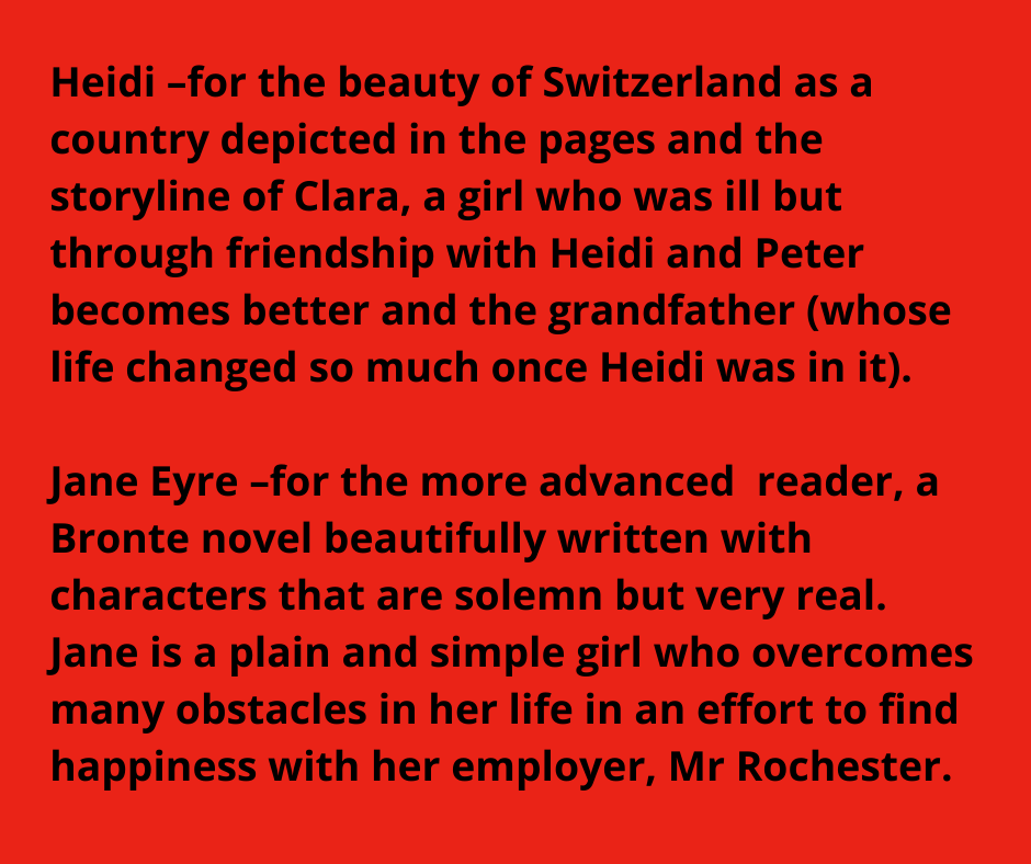 clarelibrary's tweet photo. Here we have another Staff Favourite Childhood Book selection. Helen from Library HQ recalls reading 'Heidi' by Johanna Spyri and 'Jane Eyre' by Charlotte Bronte.
#librariesireland #childhoodmemories #childhoodreads #childhoodbooks #childrensbooks #Heidi #JaneEyre #memories https://t.co/dw2JJtURjp