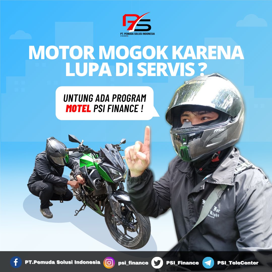 PSI_Finance's tweet photo. Motor kamu mogok karena tidak punya uang untuk servis motor atau ganti oli? Gak perlu khawatir.

PSI Finance menyediakan layanan Motel untuk memenuhi kebutuhan kamu. Program ini pun sudah include makan dan minum.

Untuk pembayarannya? Tenang, langsung Autodebet di bulan berikut. https://t.co/wKmLEWw4Dl