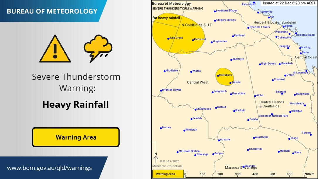 BOM_Qld's tweet photo. ⚠️🌩️ Severe Thunderstorm #Warning with heavy rainfall has been issued for the Gulf Country, Northern Goldfields & Upper Flinders, North West, and Central West Districts, including #Richmond, #JuliaCreek, and #Muttaburra. Details and updates: https://t.co/yzSB59Fx3k https://t.co/3N5m4hRzZB