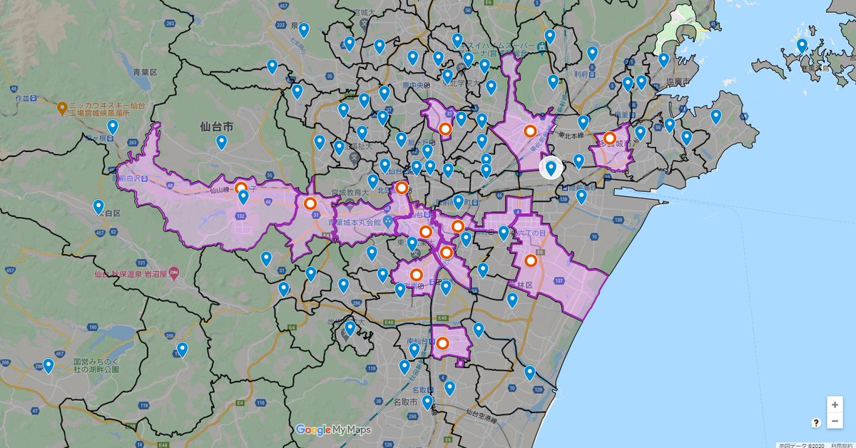 地理ゼミでは2017年度から仙台市内の中学校区を中心に地域調査教材を作成してきました。調査してきた学区に色を塗ってみると、少しずつですが教材が蓄積されてきたような気がします。今後もどんどん地域調査を進め、学校現場でも活用できるような教材の作成を目指していきたいと思います！ #TFU_geo