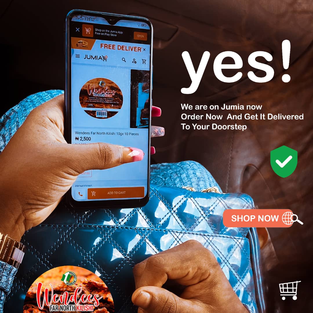Ad Break Far North Kilishi has made it easier now, you don't need to go out or wait for days before people buy you Kilishi, you can order from Jumia and it'll be delivered to your doorstep. Christmas present for first 500 orders too.Order via  https://www.jumia.com.ng/catalog/?q=Wendees