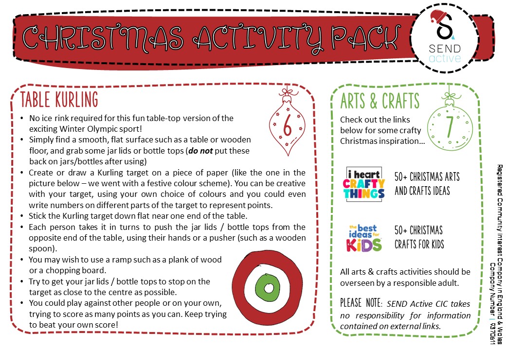 SENDactive's tweet photo. πThe @SENDactive CHRISTMAS ACTIVITY PACK is here! Why not give these fun, festive activities a try at home over the #Christmas break?! Let us know if you have a go!
Download β¬οΈ the full PDF (with certificate) here: https://t.co/WPXLht6gHh #SENDactiveAtHome #HolidayActivities https://t.co/VsUWHIPLXy
