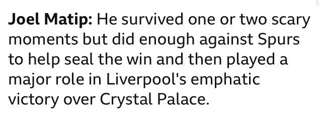 Garth Crooks team of the week featuring Joel Matip who apparently 'survived one or two scary moments but did enough against Spurs'

Matip didn't play against Tottenham 😂😂😂