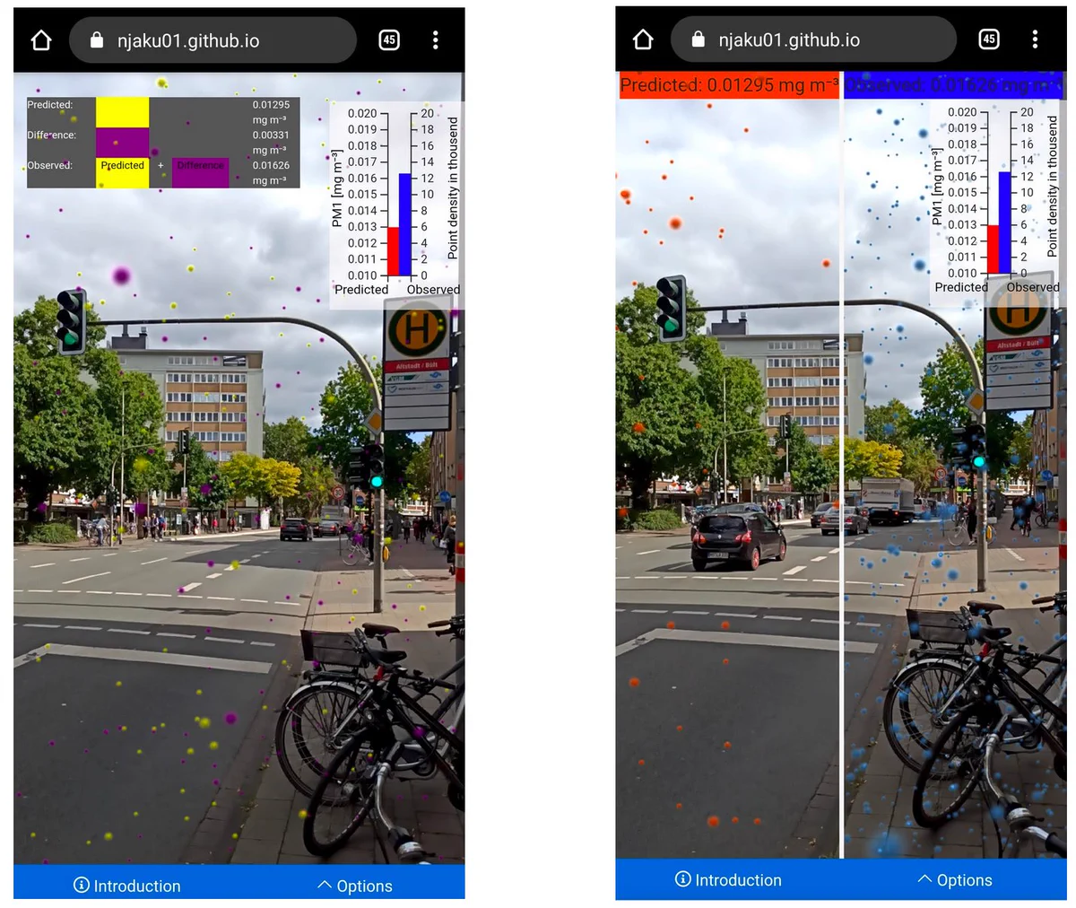 Screenshots of the Augmented Reality application to convey spatio-temporal results showing results of the paper in two different views.