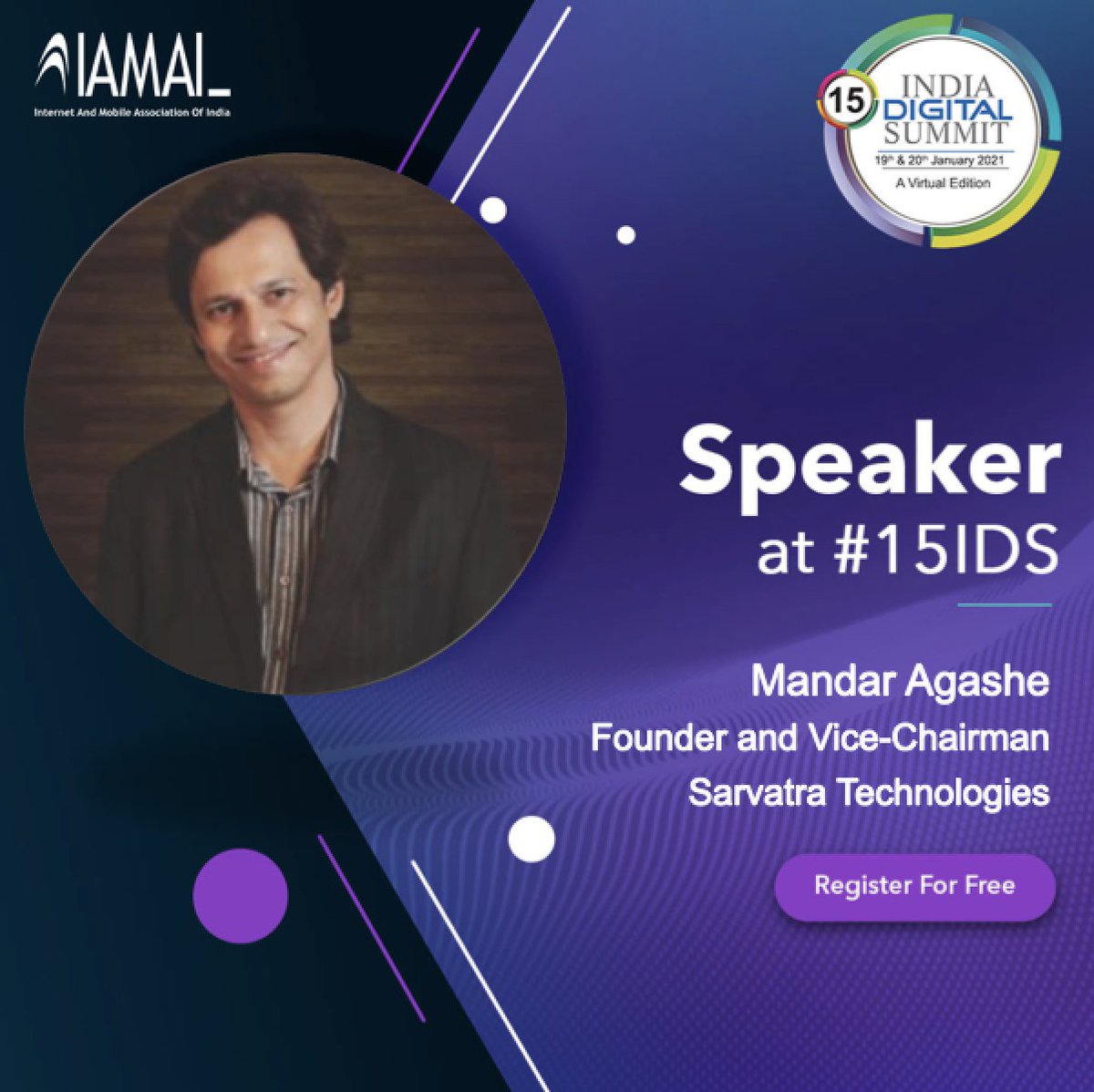 IAMAIForum's tweet photo. Join us for one of its kind India Digital Summit 2021 is hosted by #IAMAI on 19th & 20th January | Virtual Conference. Catch "Mandar Agashe, Sarvatra Technologies" #live in action.
Register now:https://t.co/cYBbwJZEjm
#IDS15 @FCCUpdates @IamaiSF @Mobile10X https://t.co/ZKO6Jqiakc