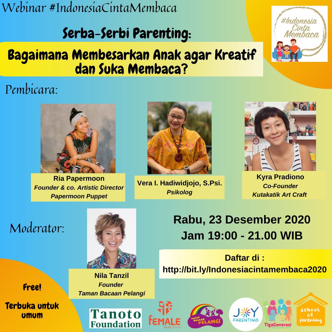 Besok ada webinar seru seputar parenting nih! Gratis pula!
Pembicaranya keren-keren: <a href="/riapapermoon/">ria papermoon</a> <a href="/veraitab/">Vera I. Hadiwidjojo</a> <a href="/kukywa/">kyra pradiono</a> dan aku akan jadi moderatornya.

Buruan daftar di bit.ly/Indonesiacinta… 

#IndonesiaCintaMembaca
