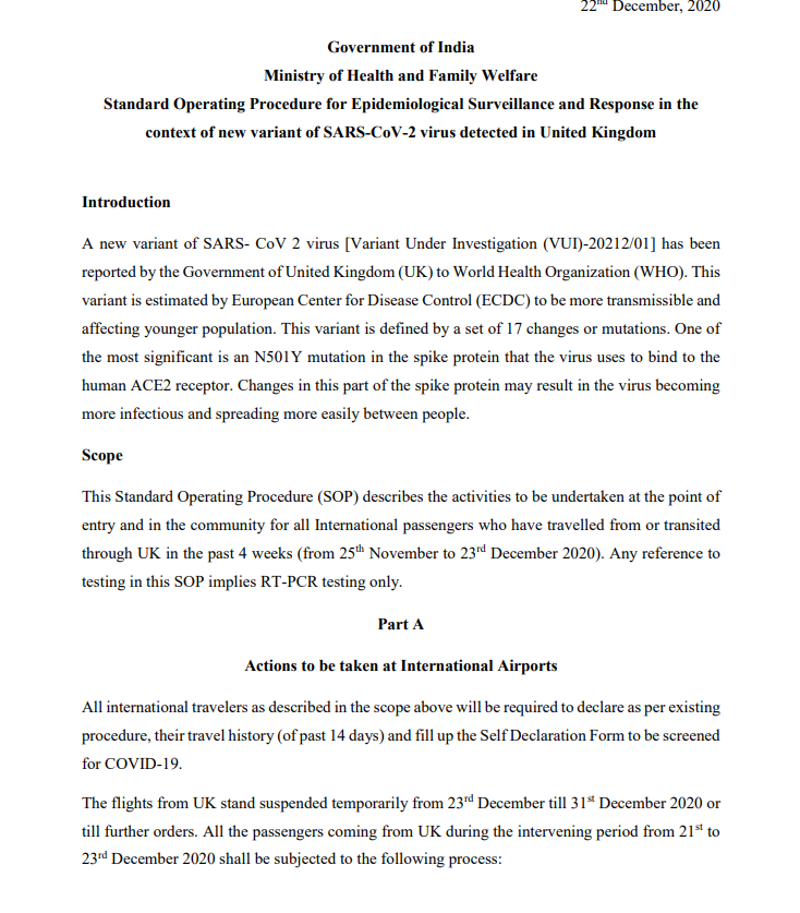 New Mutant Coronavirus Strain: Health Ministry issued SOPs in context of new variant of SARS-CoV-2 virus detected in the United Kingdom.