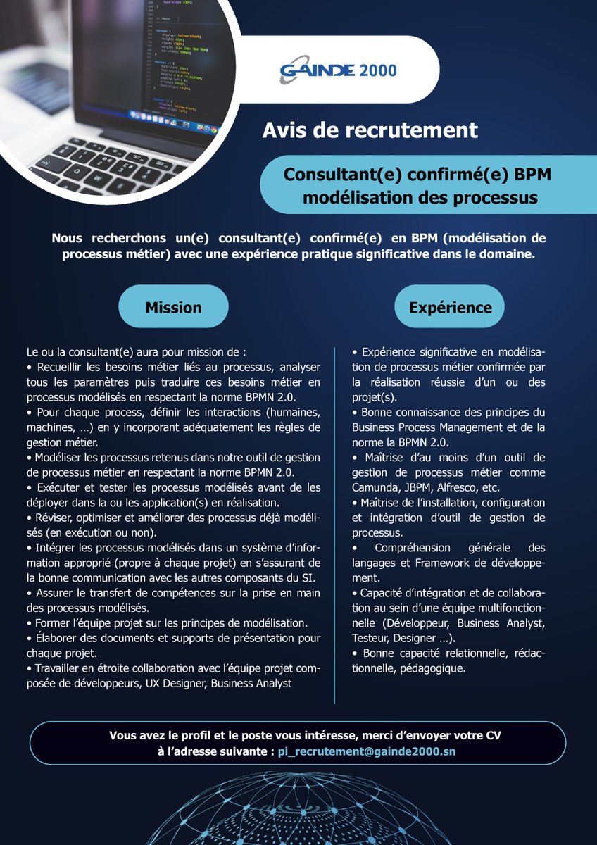 AVIS DE RECRUTEMENT
Consultant(e) confirmé(e) BPM modélisation des processus