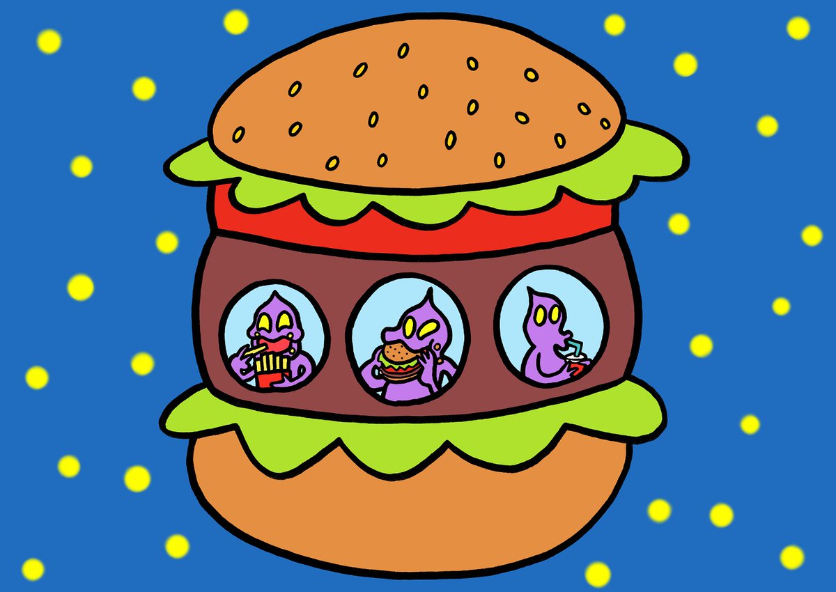 矢本マヒロ イラストレーター 今日のイラスト154 ハンバーガーufo イラスト 絵 イラストレーション らくがき Illust Illustration Art ハンバーガー Hamburger Ufo 宇宙人 Alien