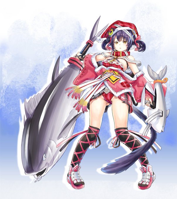 くろいけもみみ ちゃんのバトルサンタver. 
色々盛りすぎた感じにでっち上げてみた
クロマグロは大剣扱いでよろ
低身長(だよね?)炉が軽々と大型武器振り回すのは浪漫

まだ粗いけど引いて見る分には多分いける大丈夫…
余裕あればもう一段仕上げたいけど時間的に厳しいかな? 