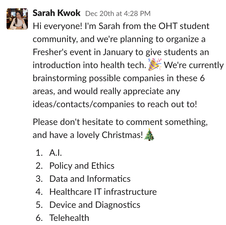 One_HealthTech's tweet photo. Request from Sarah Kwok on the OHT Slack!
#OHTStudents are putting together a Freshers' event in Jan- Can you help by tagging great orgs in #AI #policy #ethics #data #informatics #infrastructure #diagnostics #telehealth or reach out if you can help!
sarahkwok00[at]gmail[dot]com https://t.co/vFN8EFD5UV
