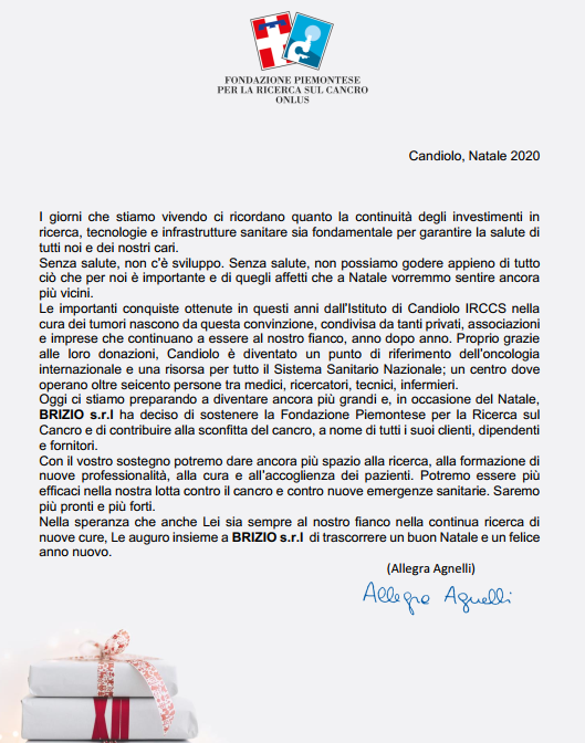 Come ogni anno abbiamo scelto di
devolvere in beneficenza alla @FPRConlus  
#Fondazione Piemontese per la #Ricerca sul #Cancro -
#Candiolo l'ammontare destinato ai regali di #Natale. Lo
condividiamo con la #speranza che molti possano
prendere esempio 
#BrizioSalumi