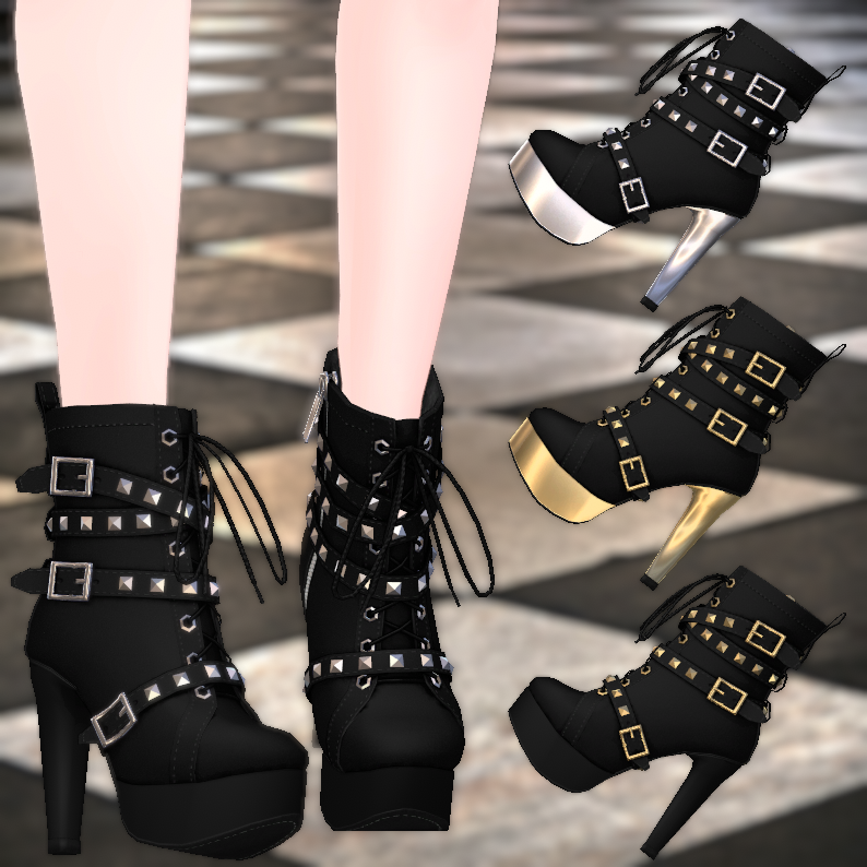 kanashimiks's tweet image. パンクなハイヒールアンクルブーツ（4色差分テクスチャ入り） | #ikshop ikshop.booth.pm/items/2621076 #booth_pm #VRChat　公開しました。かっこかわいい中間くらいのパンクっぽい靴です。最近靴ばっかり作ってる気がしますがよろしくお願いします。