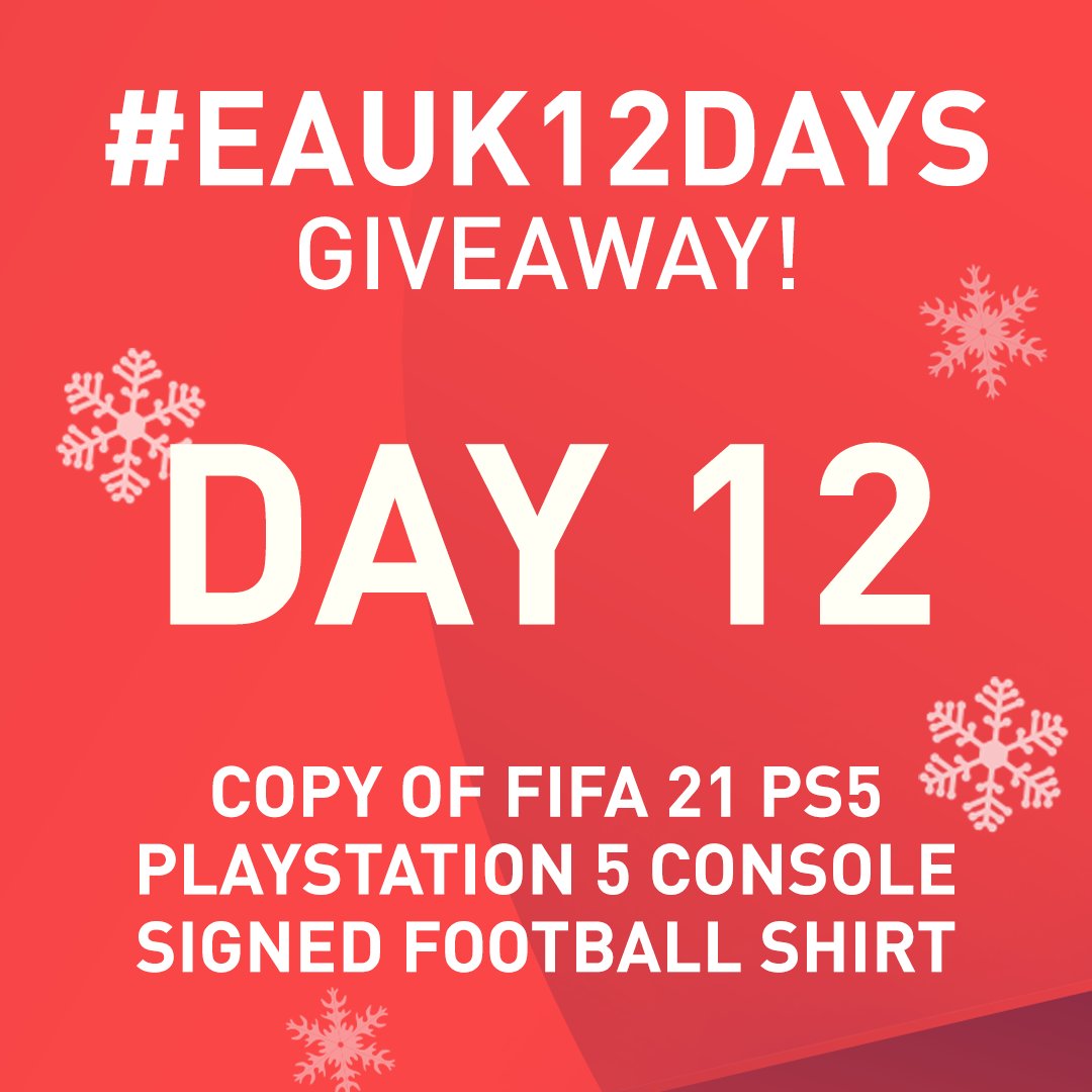 It’s Day 12…The final day of #EAUK12Days giveaways, and we’re going BIG!! 🎉
 
I'm giving away:

- A PS5 Console 🔥

- Signed Premier League squad shirt of your choice! 👕

- Copy of #FIFA21 on PS5 ⚽️
 
To enter all you need to do is RT and follow me! (UK participants only)

#Ad