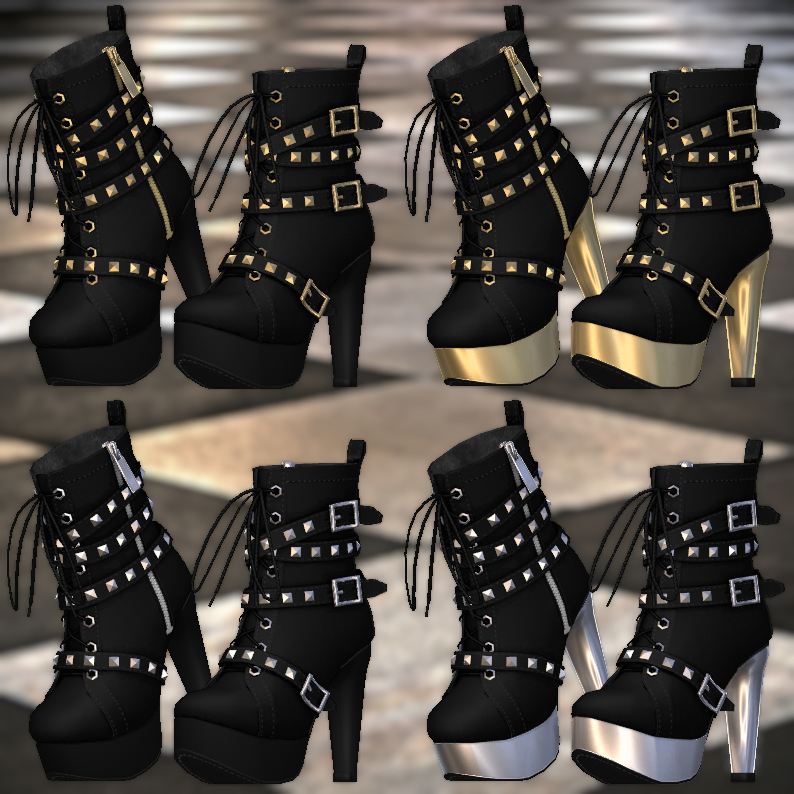 kanashimiks's tweet image. パンクなハイヒールアンクルブーツ（4色差分テクスチャ入り） | #ikshop ikshop.booth.pm/items/2621076 #booth_pm #VRChat　公開しました。かっこかわいい中間くらいのパンクっぽい靴です。最近靴ばっかり作ってる気がしますがよろしくお願いします。