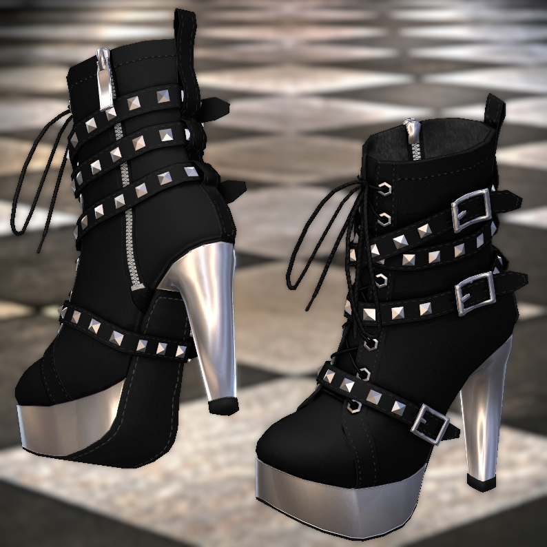 kanashimiks's tweet image. パンクなハイヒールアンクルブーツ（4色差分テクスチャ入り） | #ikshop ikshop.booth.pm/items/2621076 #booth_pm #VRChat　公開しました。かっこかわいい中間くらいのパンクっぽい靴です。最近靴ばっかり作ってる気がしますがよろしくお願いします。