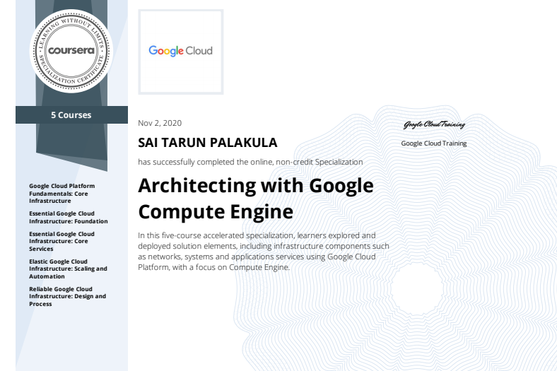 PalakulaS's tweet photo. #GCPCoursera Finally Done with this specialization towards  Architecting with Google Compute Engine Specialization on Coursera. 
@qwiklabs https://t.co/GXVOM874Qj