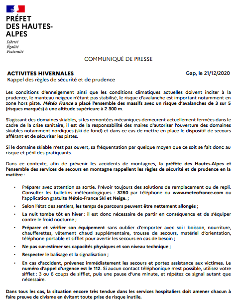 🗻#sécurité en #montagne | Météo France a placé l’ensemble des massifs des Hautes-Alpes avec un risque d’avalanches de 3 sur 5 à une altitude supérieure à 2 300 m.

👉Retrouvez un rappel des règles de prudence pour les activités en montagne sur hautes-alpes.gouv.fr/activites-hive…