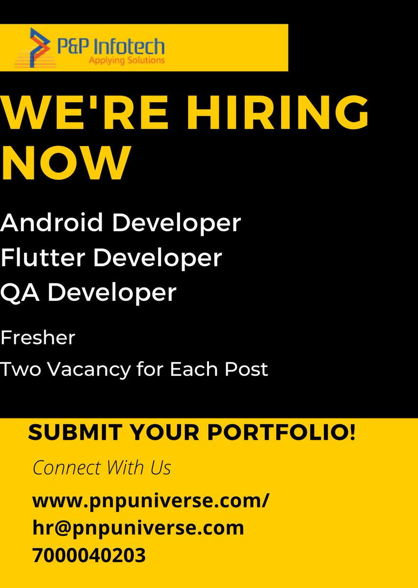 PnP_Universe's tweet image. We are urgently Hiring.
Fresher
Location: Indore
If interested, kindly share your updated CV at hr@pnpuniverse.com or call us at 7000040203
pnpuniverse.com/career.php
#androiddeveloper #qadeveloper #flutterdeveloper #pnpinfotech #indore #jobs