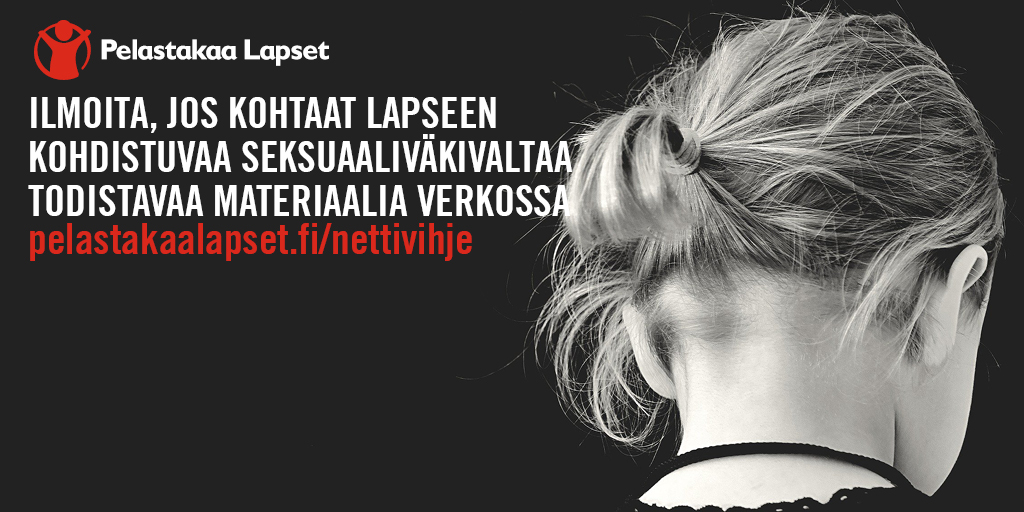 Nettivihje's tweet image. Nettivihje-palvelu on matalan kynnyksen väylä kansalaisille ilmoittaa lapsiin kohdistuvaa seksuaaliväkivaltaa todistavasta materiaalista netissä.

Lähetä meille vihje, jos epäilet nähneesi lasta seksuaalisesti loukkaavaa materiaalia netissä!
#againstCSAM #turvallisestinetissä
